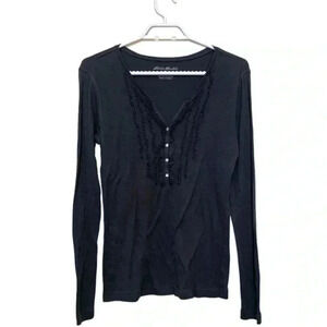 Eddie Bauer, dark gray, 100% cotton V-neck,  long sleeve T-shirt with frills